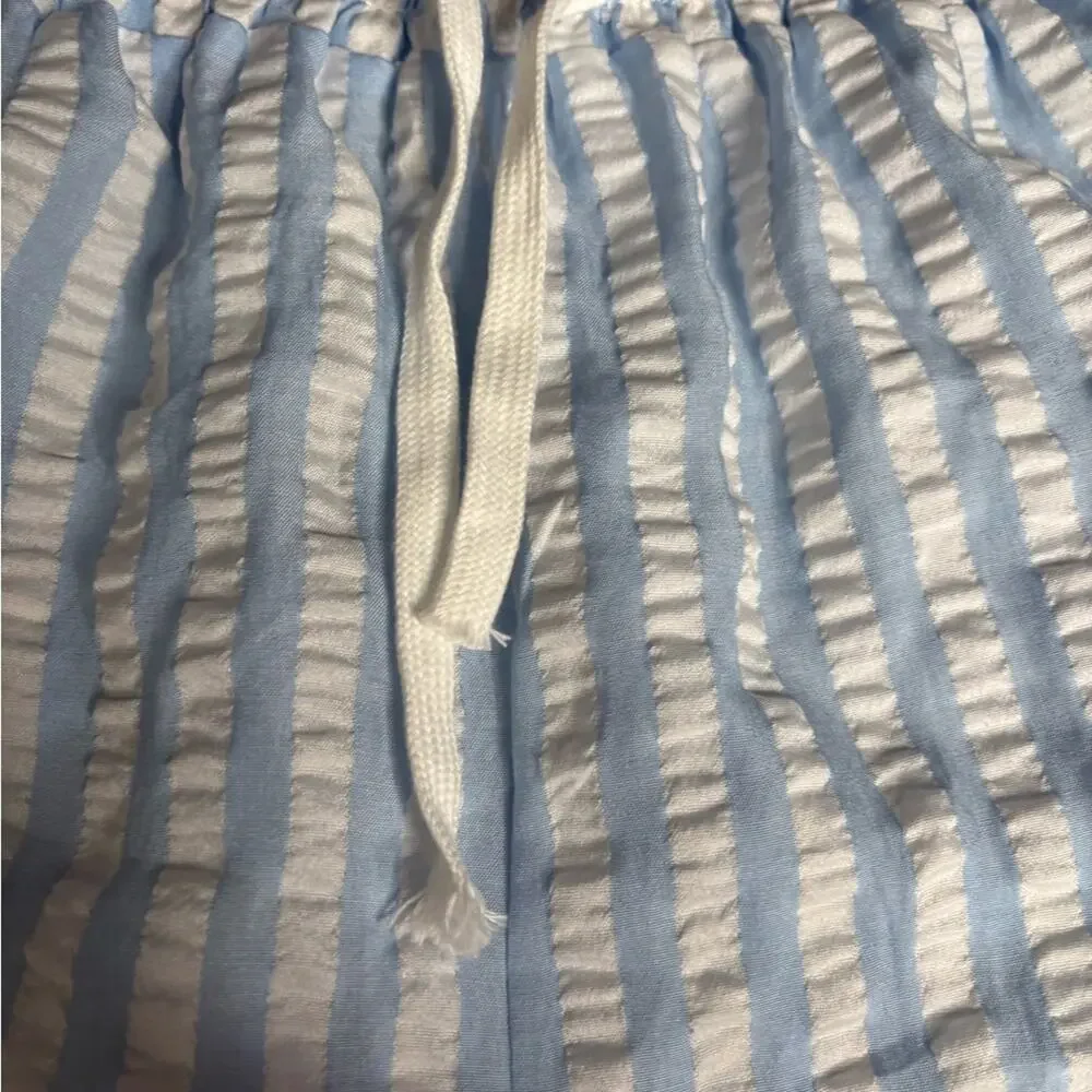 Blue White Striped Ruffle Hem Drawstring Shorts Large